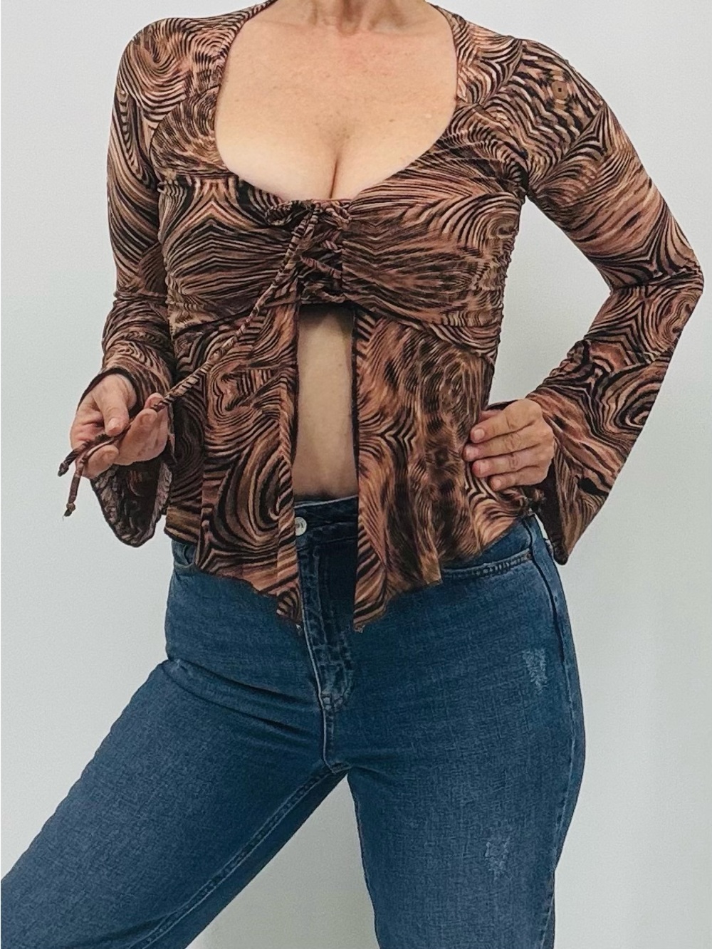 Vintage Y2K Whimsigoth Fairy Psychedelic Trippy Swirl Festival Open Front Top